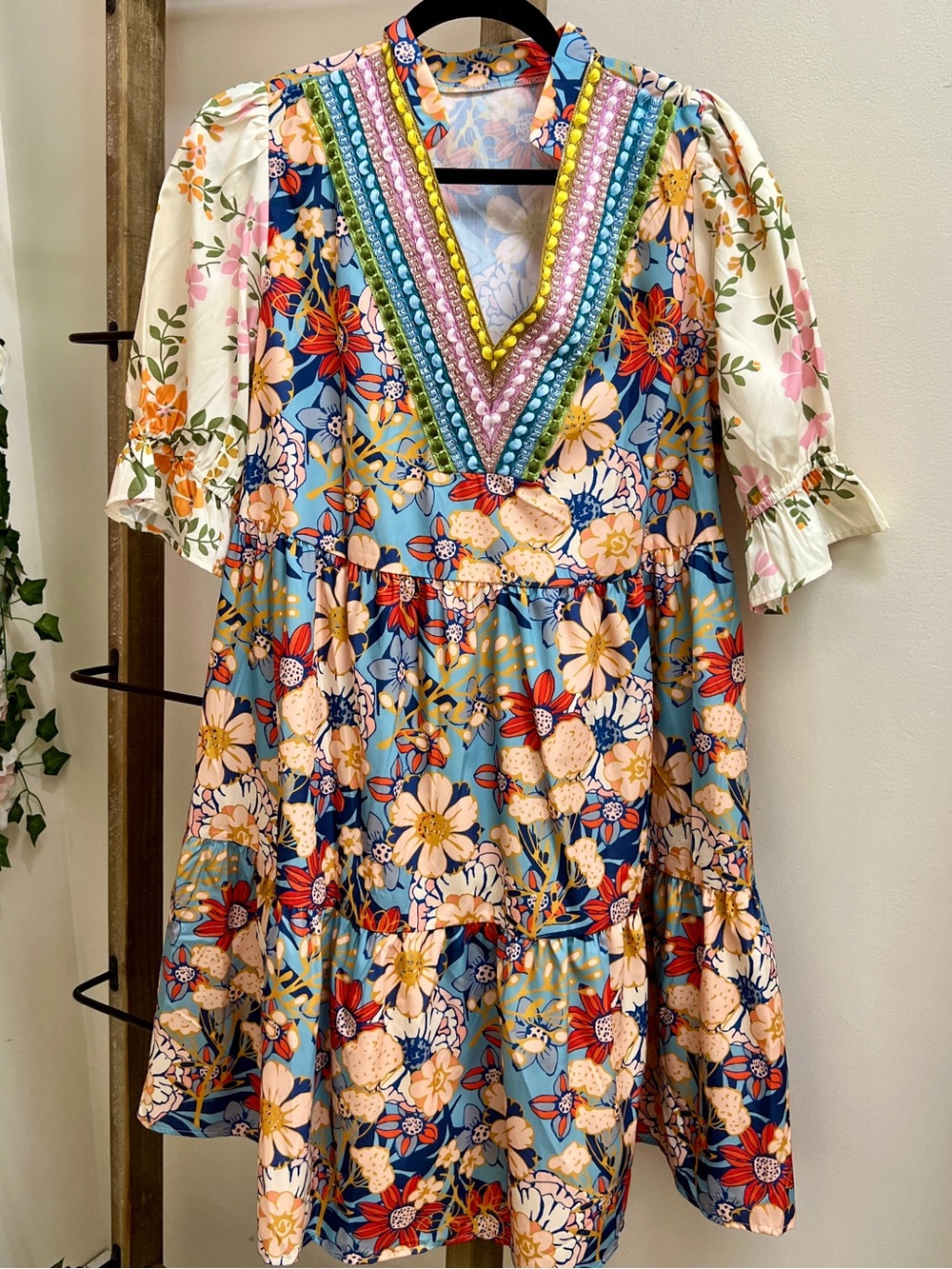 Women's Blue Floral Embroidered V-Neck Tiered Dress